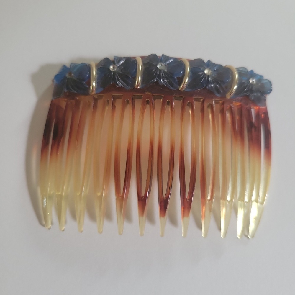Vintage Italy Tortoise Resin Hair Comb Blue Floral Accents One Size Cottagecore